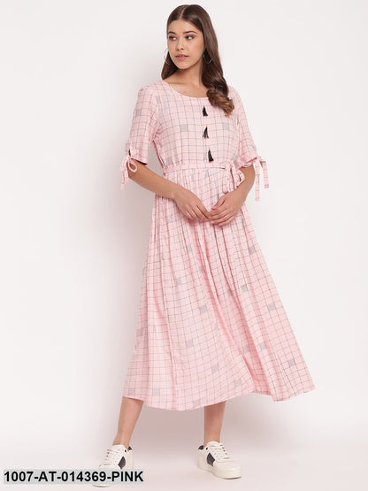 Checkered Rayon Flared Dress Kurta (Pastel Pink)
