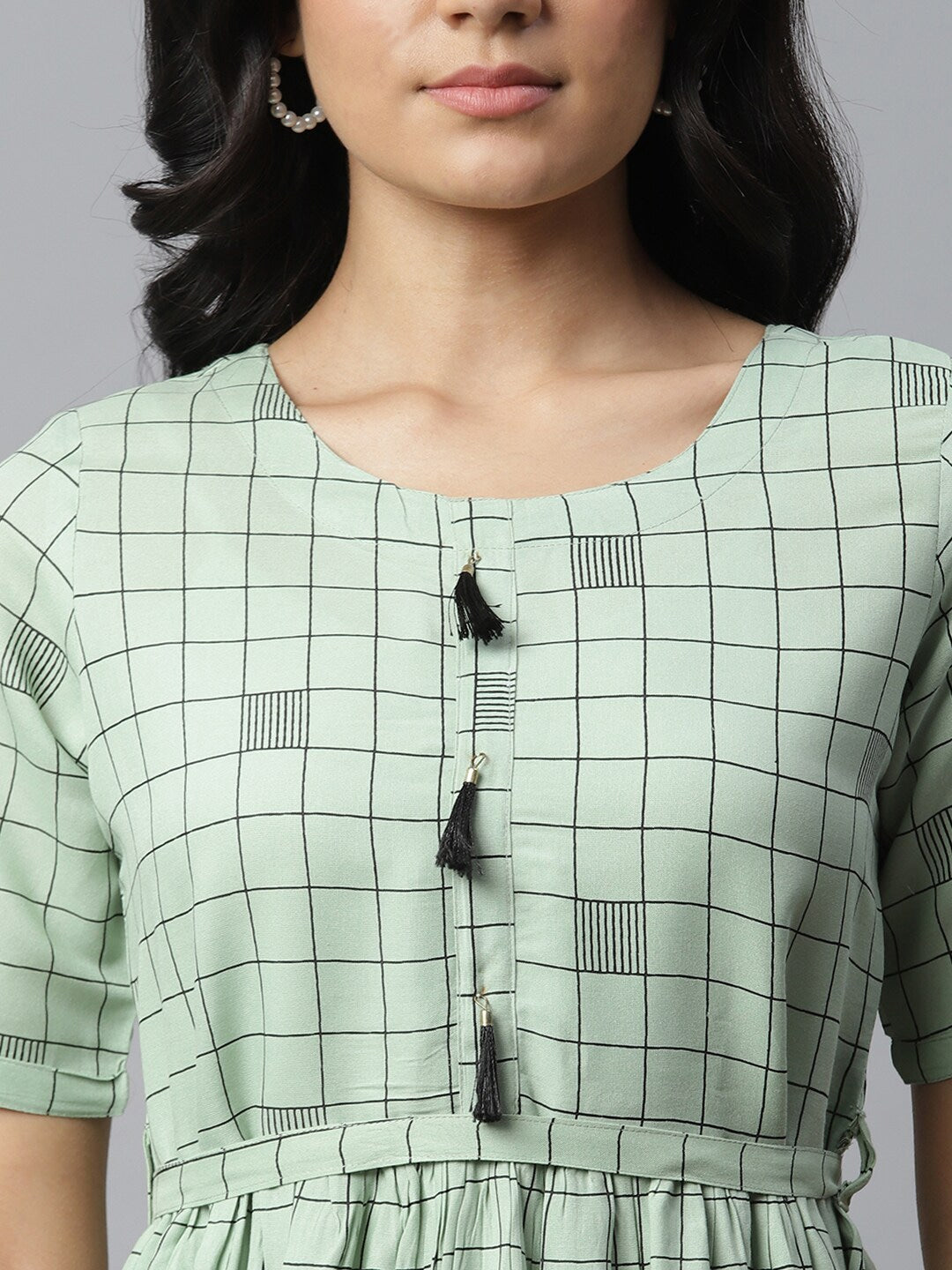 Checkered Rayon Flared Dress Kurta (Pastel Green)