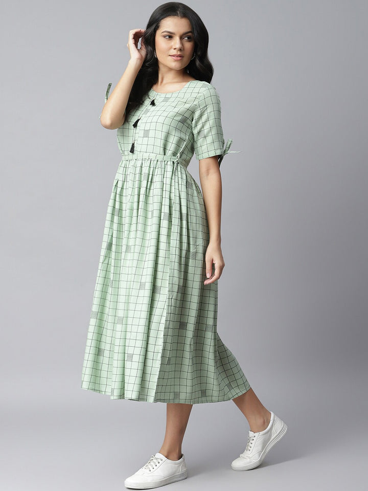 Checkered Rayon Flared Dress Kurta (Pastel Green)