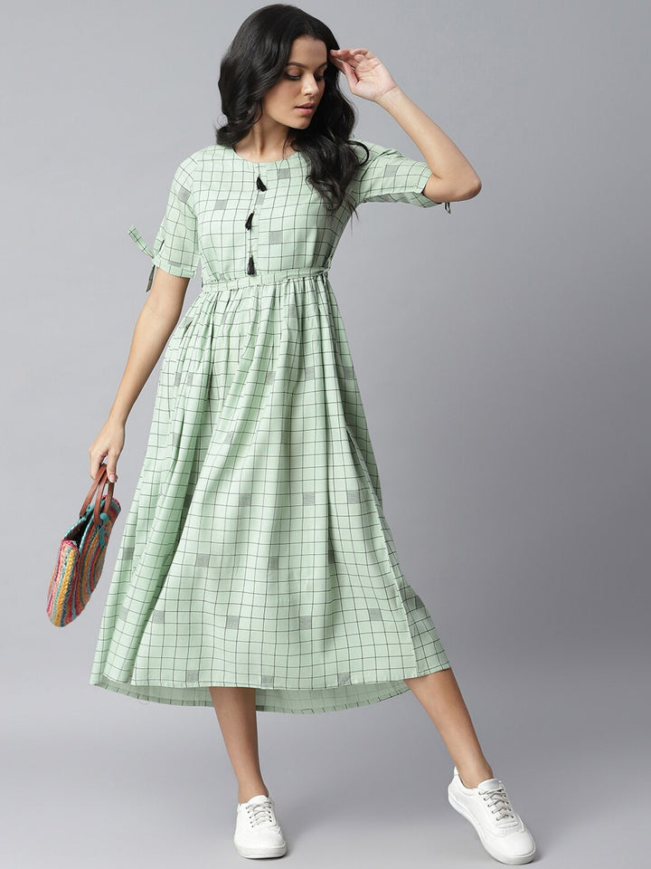 Checkered Rayon Flared Dress Kurta (Pastel Green)