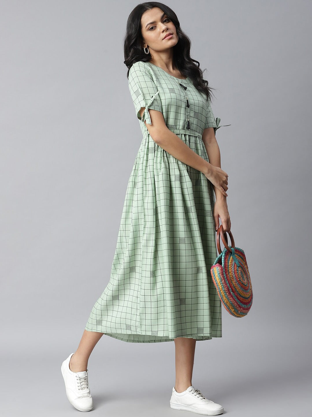 Checkered Rayon Flared Dress Kurta (Pastel Green)