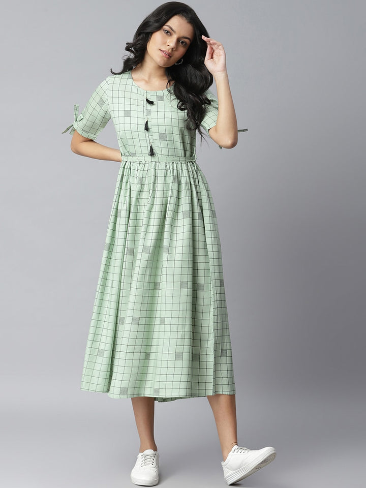 Checkered Rayon Flared Dress Kurta (Pastel Green)