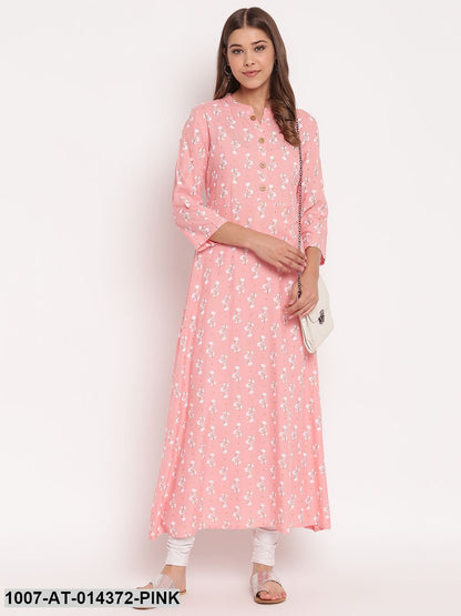 Floral Print Rayon A-Line Kurta (Pastel Pink)