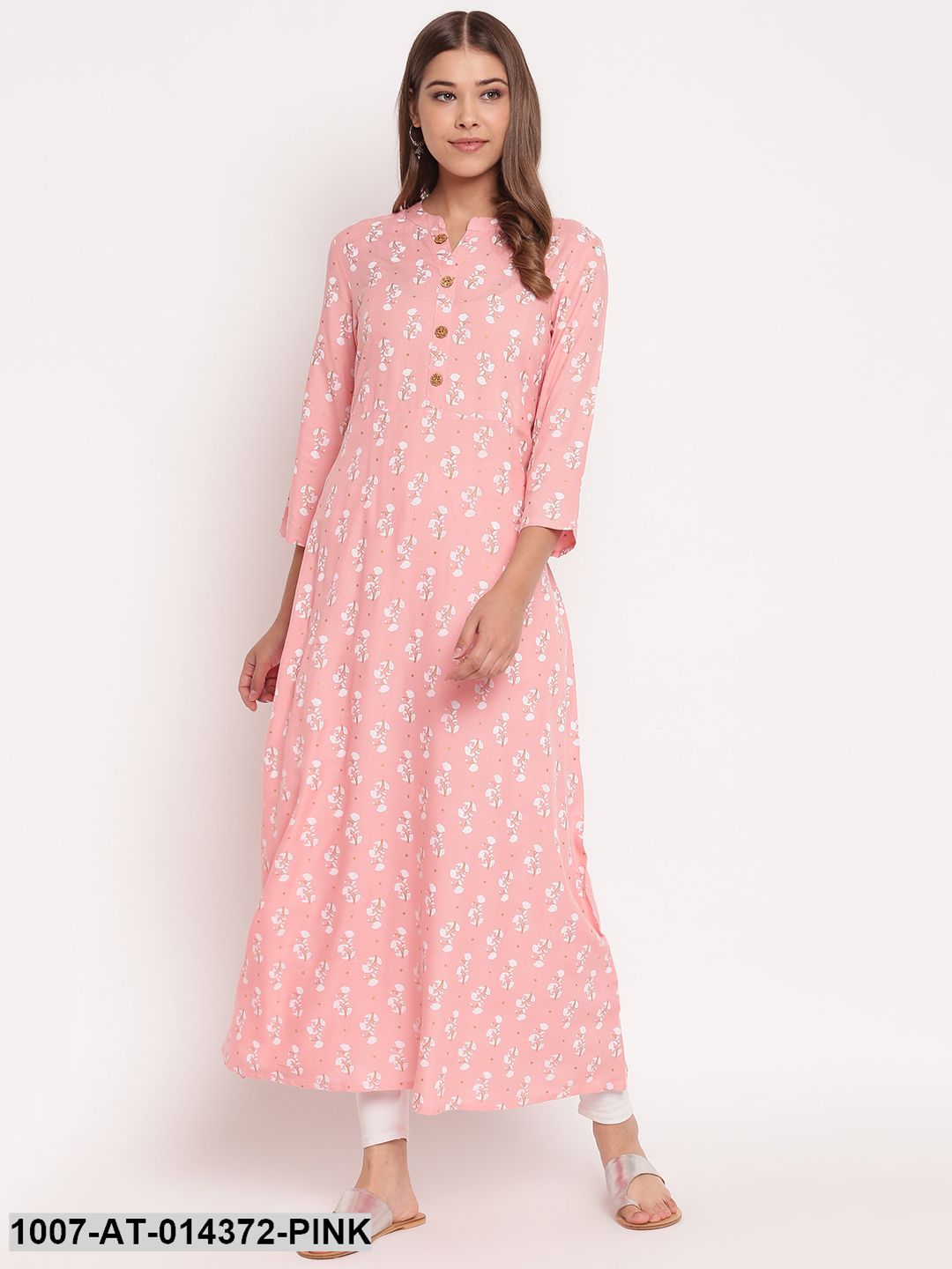 Floral Print Rayon A-Line Kurta (Pastel Pink)