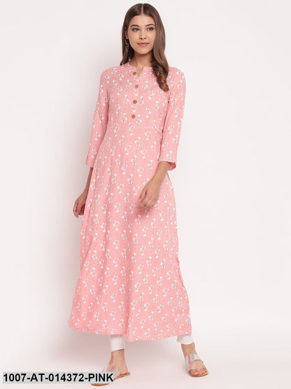 Floral Print Rayon A-Line Kurta (Pastel Pink)