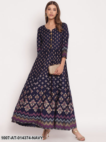 Printed Rayon Anarkali Kurta (Navy Blue)