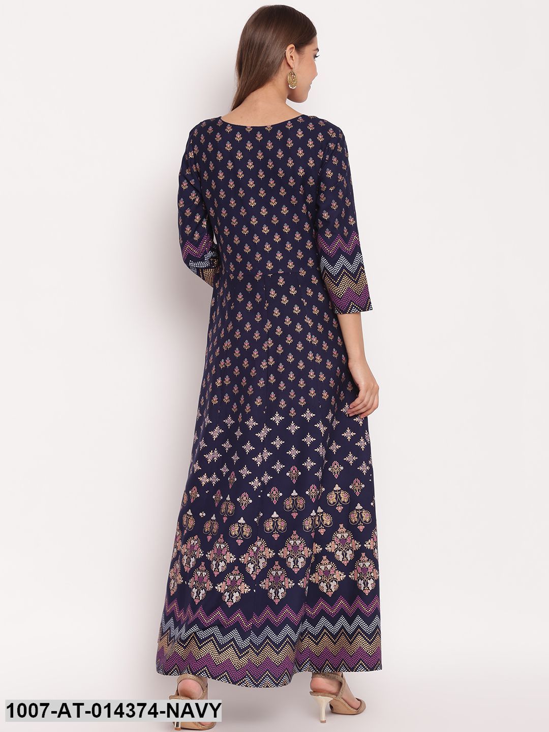 Printed Rayon Anarkali Kurta (Navy Blue)