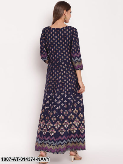 Printed Rayon Anarkali Kurta (Navy Blue)
