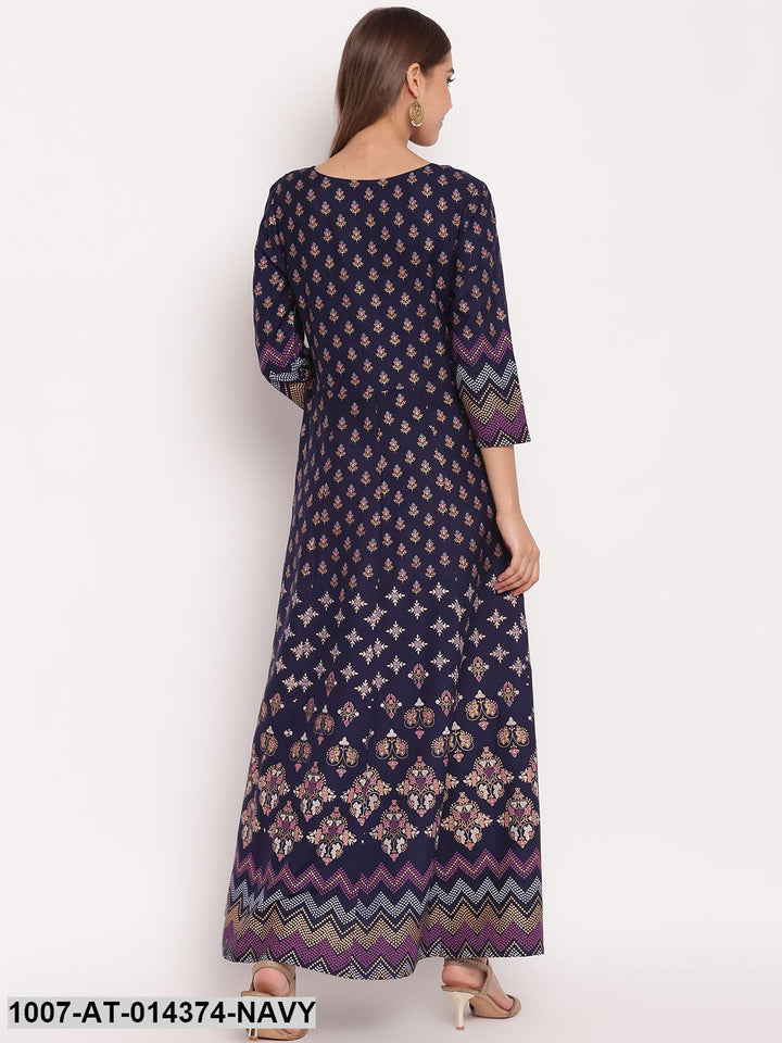 Printed Rayon Anarkali Kurta (Navy Blue)