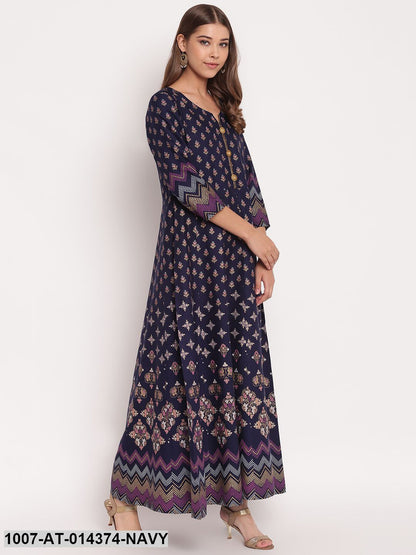 Printed Rayon Anarkali Kurta (Navy Blue)