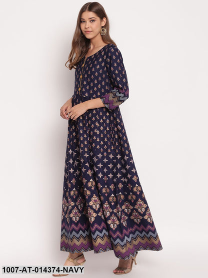 Printed Rayon Anarkali Kurta (Navy Blue)