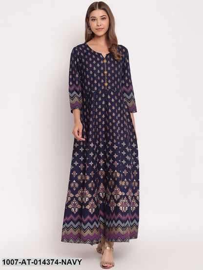 Printed Rayon Anarkali Kurta (Navy Blue)