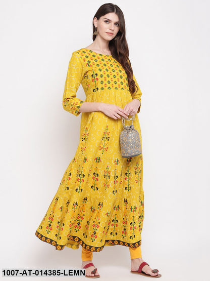 Printed Rayon Tiered Kurta (Yellow)