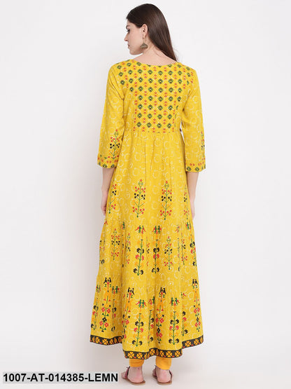 Printed Rayon Tiered Kurta (Yellow)