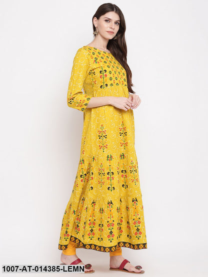 Printed Rayon Tiered Kurta (Yellow)