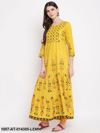 Printed Rayon Tiered Kurta (Yellow)