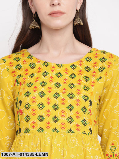 Printed Rayon Tiered Kurta (Yellow)