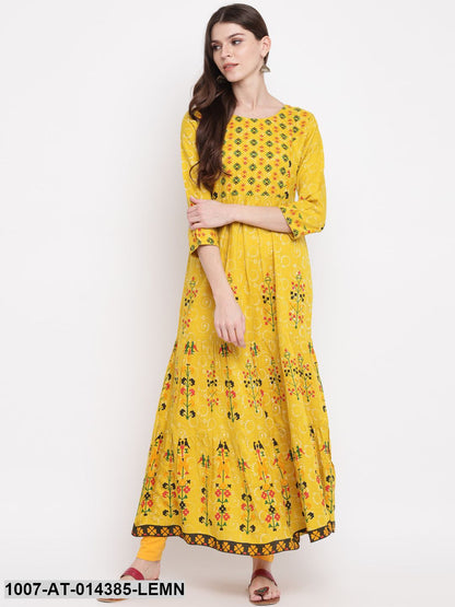 Printed Rayon Tiered Kurta (Yellow)