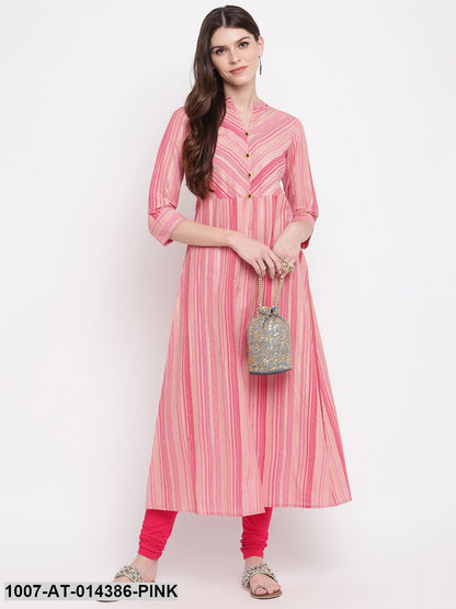 Striped Print Cotton A-Line Kurta (Pink)