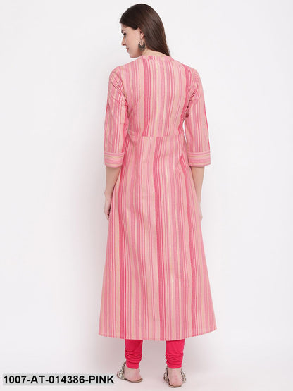 Striped Print Cotton A-Line Kurta (Pink)