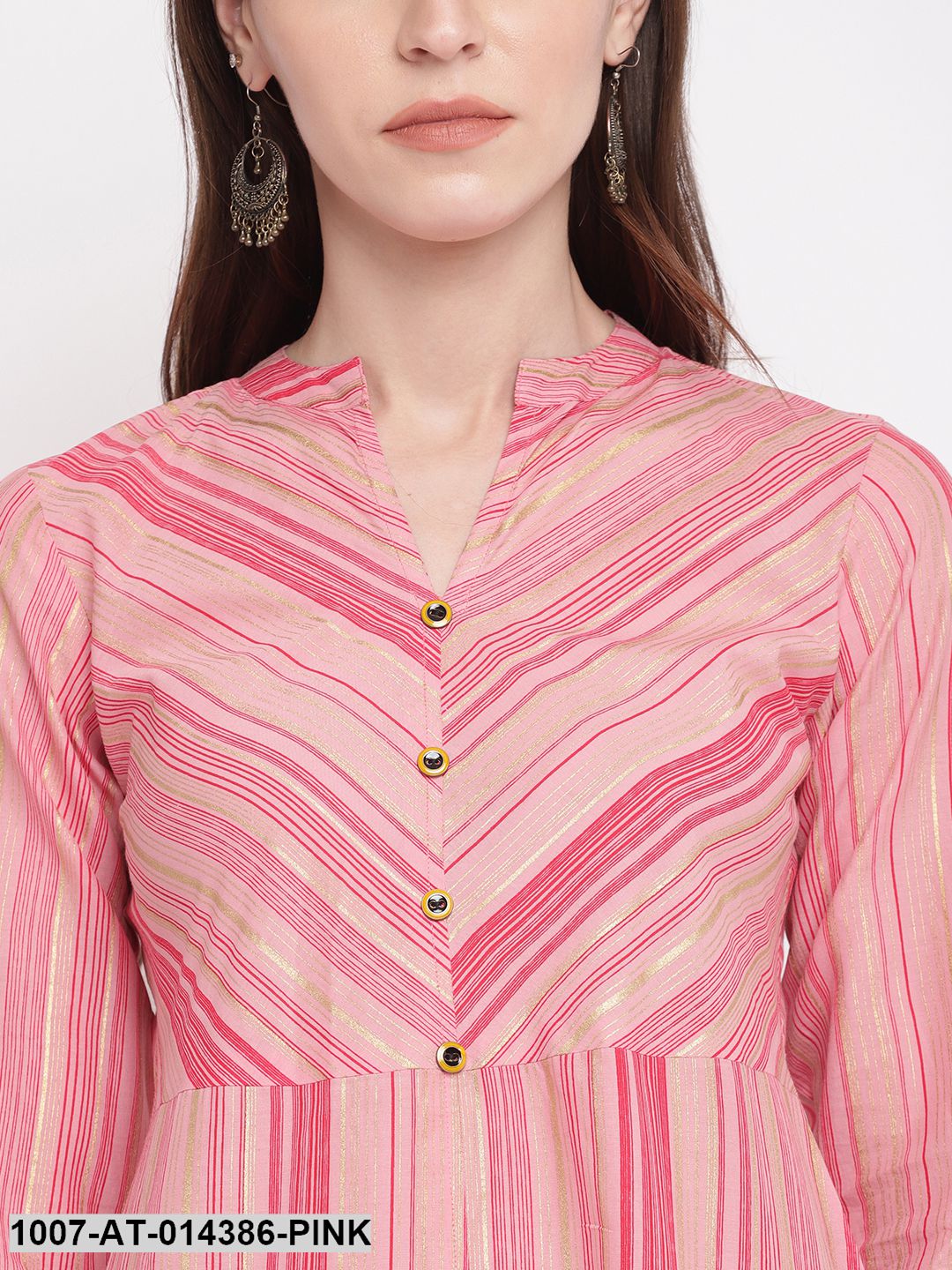 Striped Print Cotton A-Line Kurta (Pink)