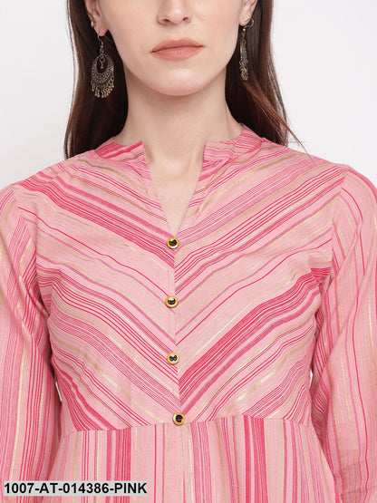 Striped Print Cotton A-Line Kurta (Pink)
