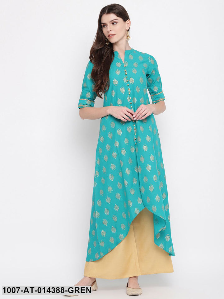 Gold Printed Cotton High-Low Kurta (Rama Green)