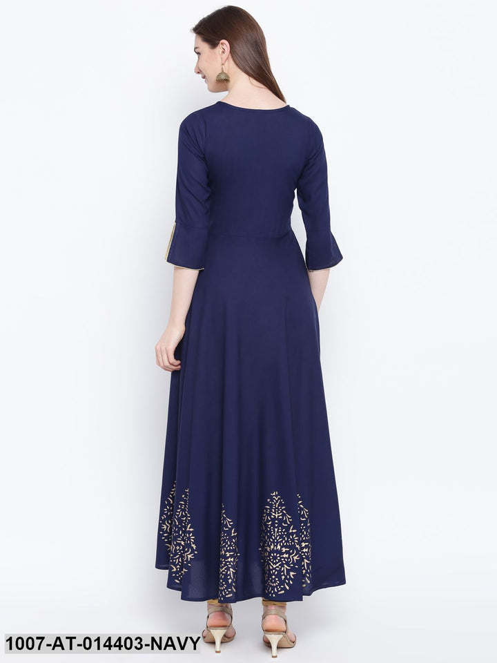 Hand Block Gold Print Rayon Kurta Dress (Navy Blue)