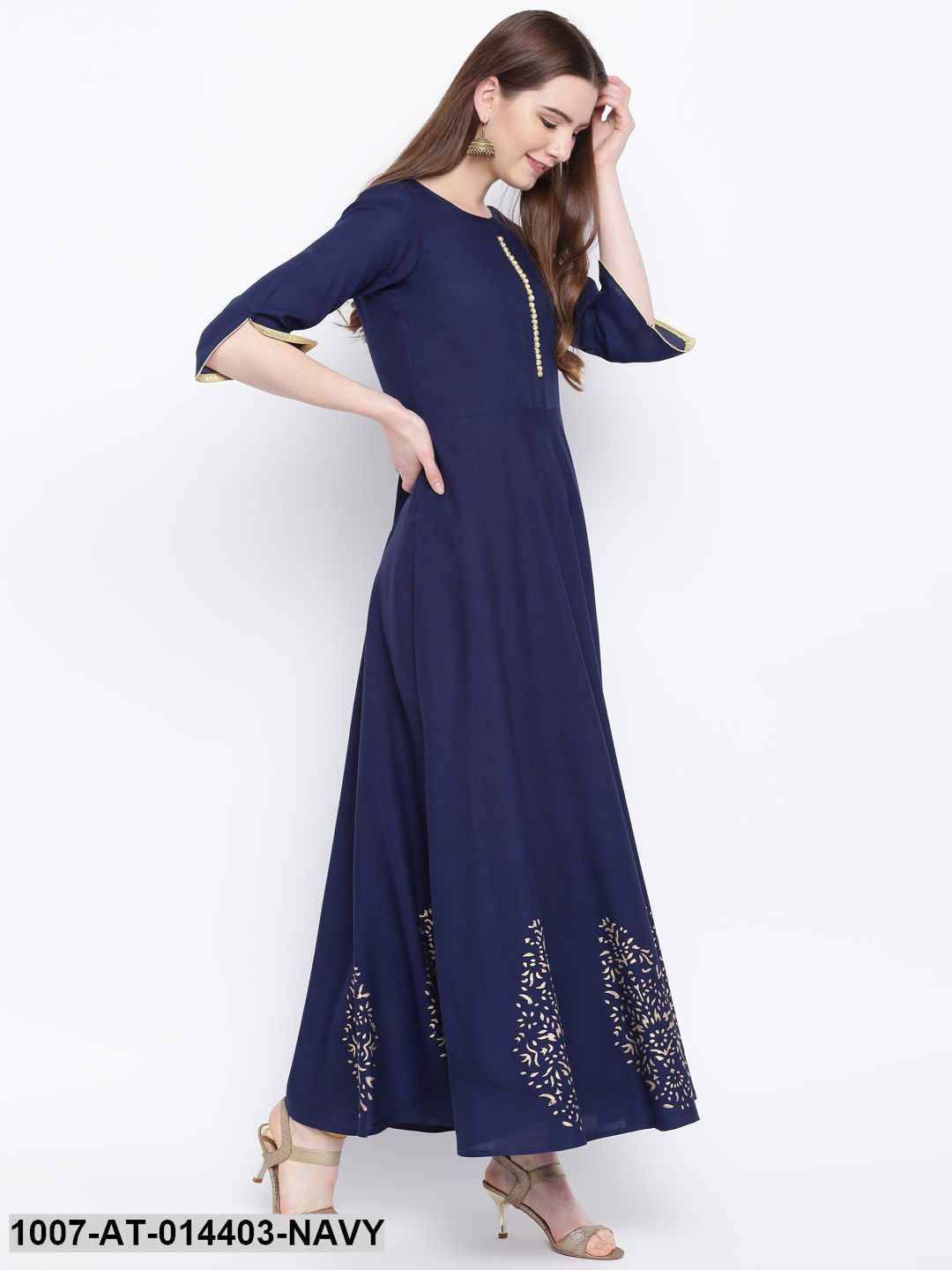 Hand Block Gold Print Rayon Kurta Dress (Navy Blue)