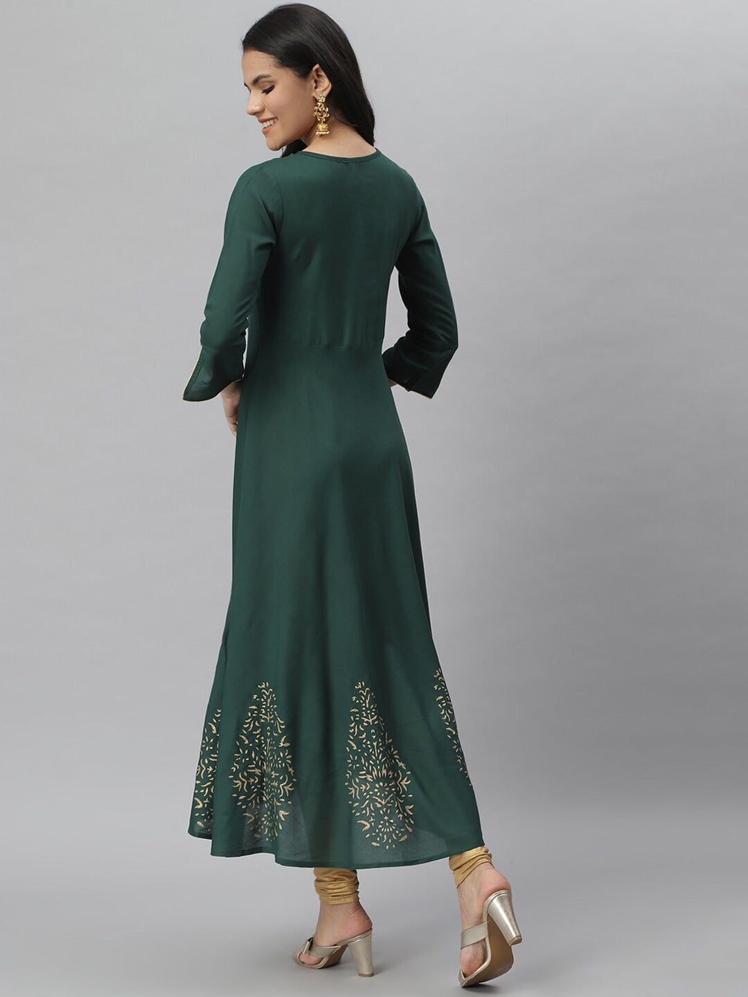 Hand Block Gold Print Rayon Kurta Dress (Dark Green)