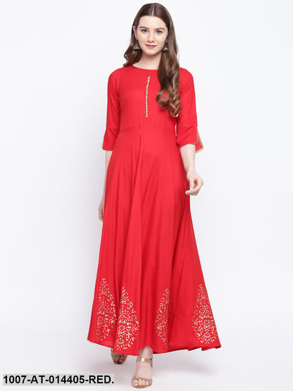 Hand Block Gold Print Rayon Kurta Dress (Red)