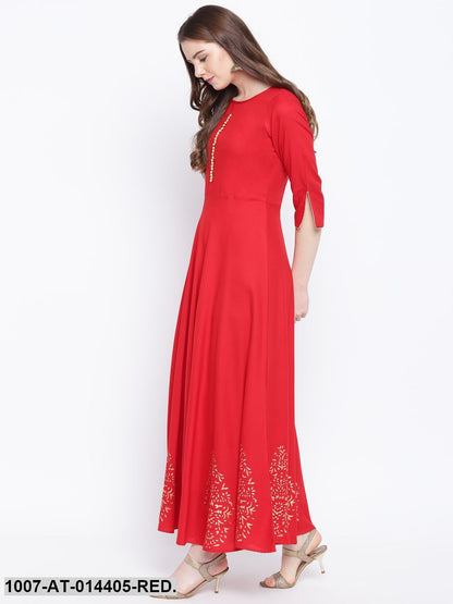 Hand Block Gold Print Rayon Kurta Dress (Red)