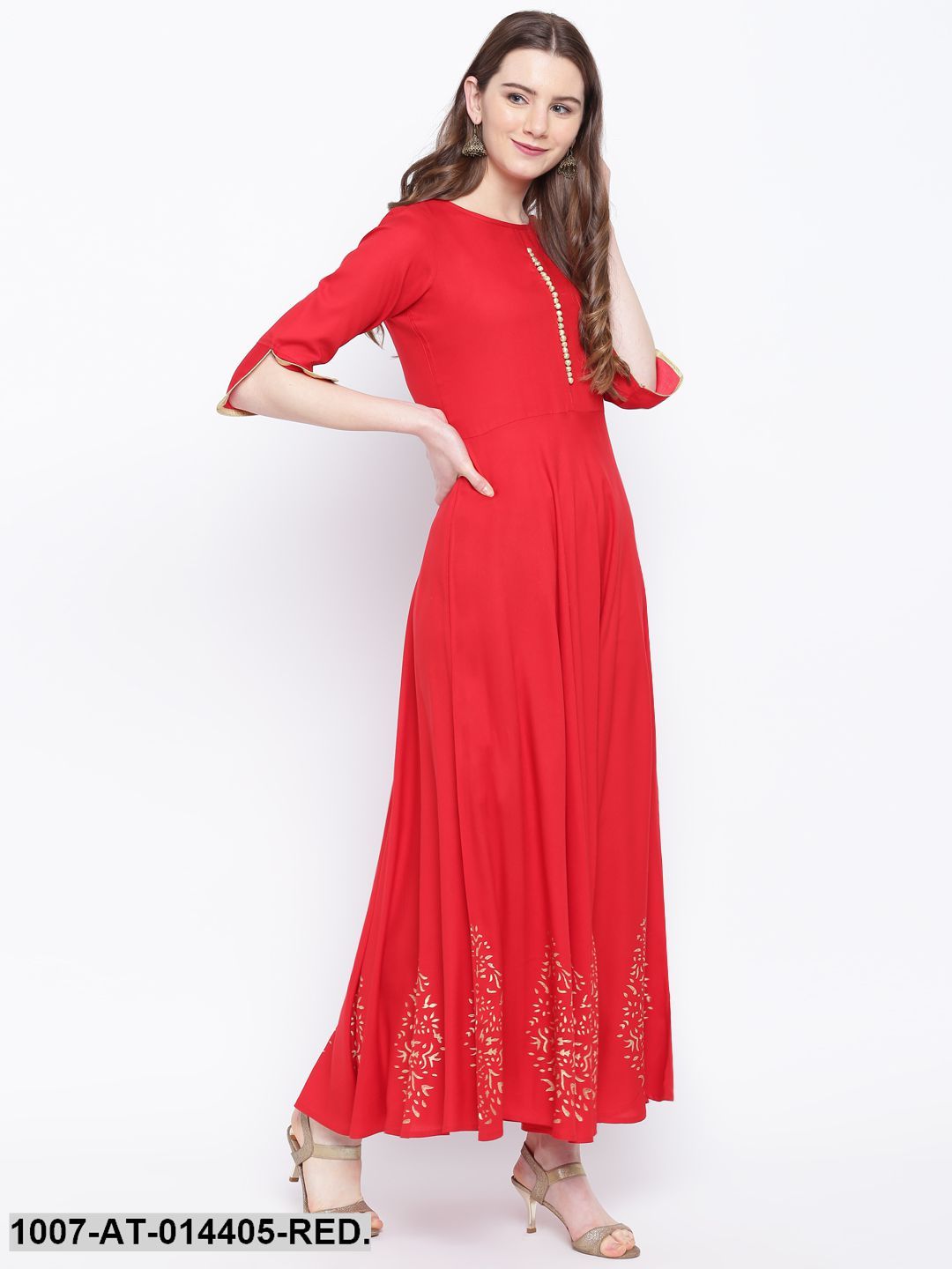Hand Block Gold Print Rayon Kurta Dress (Red)