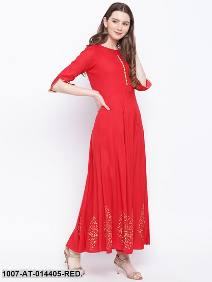 Hand Block Gold Print Rayon Kurta Dress (Red)