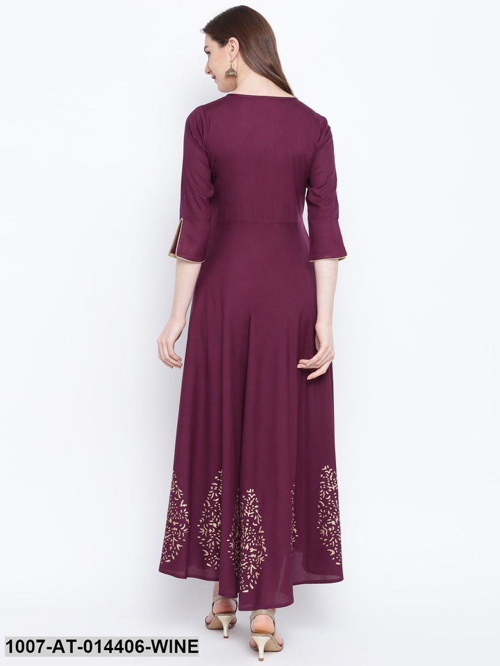 Hand Block Gold Print Rayon Kurta Dress (Wine)
