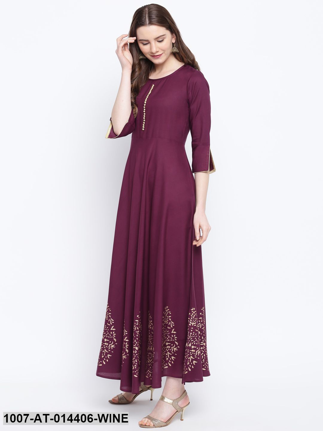 Hand Block Gold Print Rayon Kurta Dress (Wine)