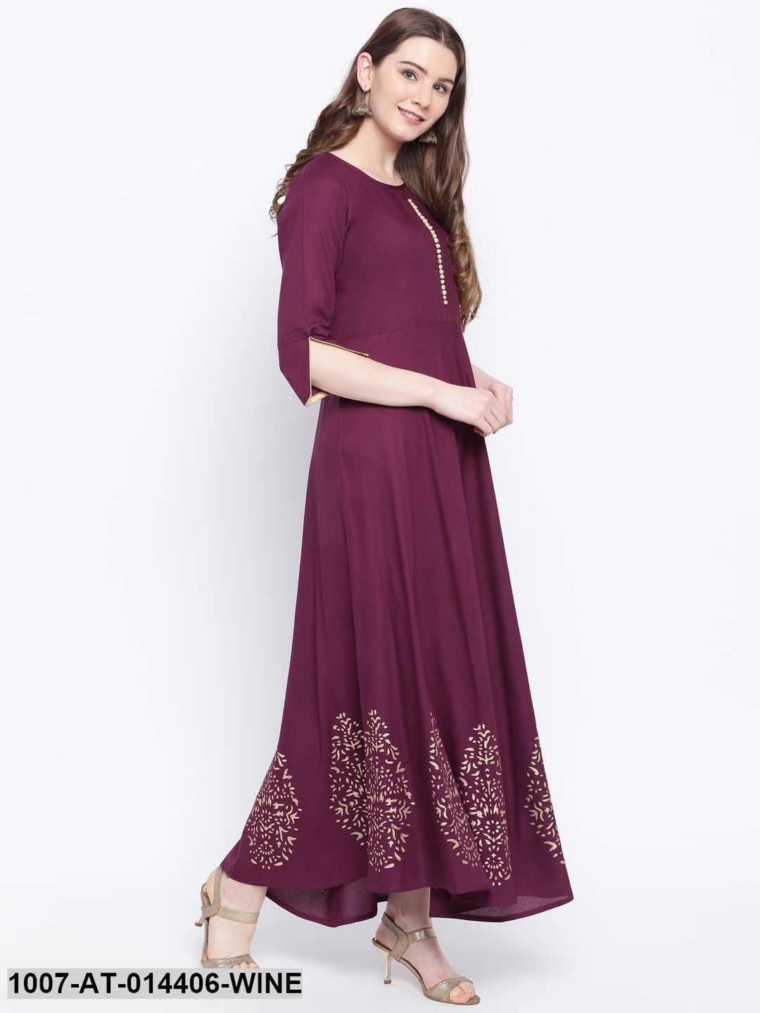 Hand Block Gold Print Rayon Kurta Dress (Wine)