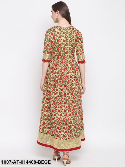 Kalamkari Print Cotton Kurta Dress (Beige)