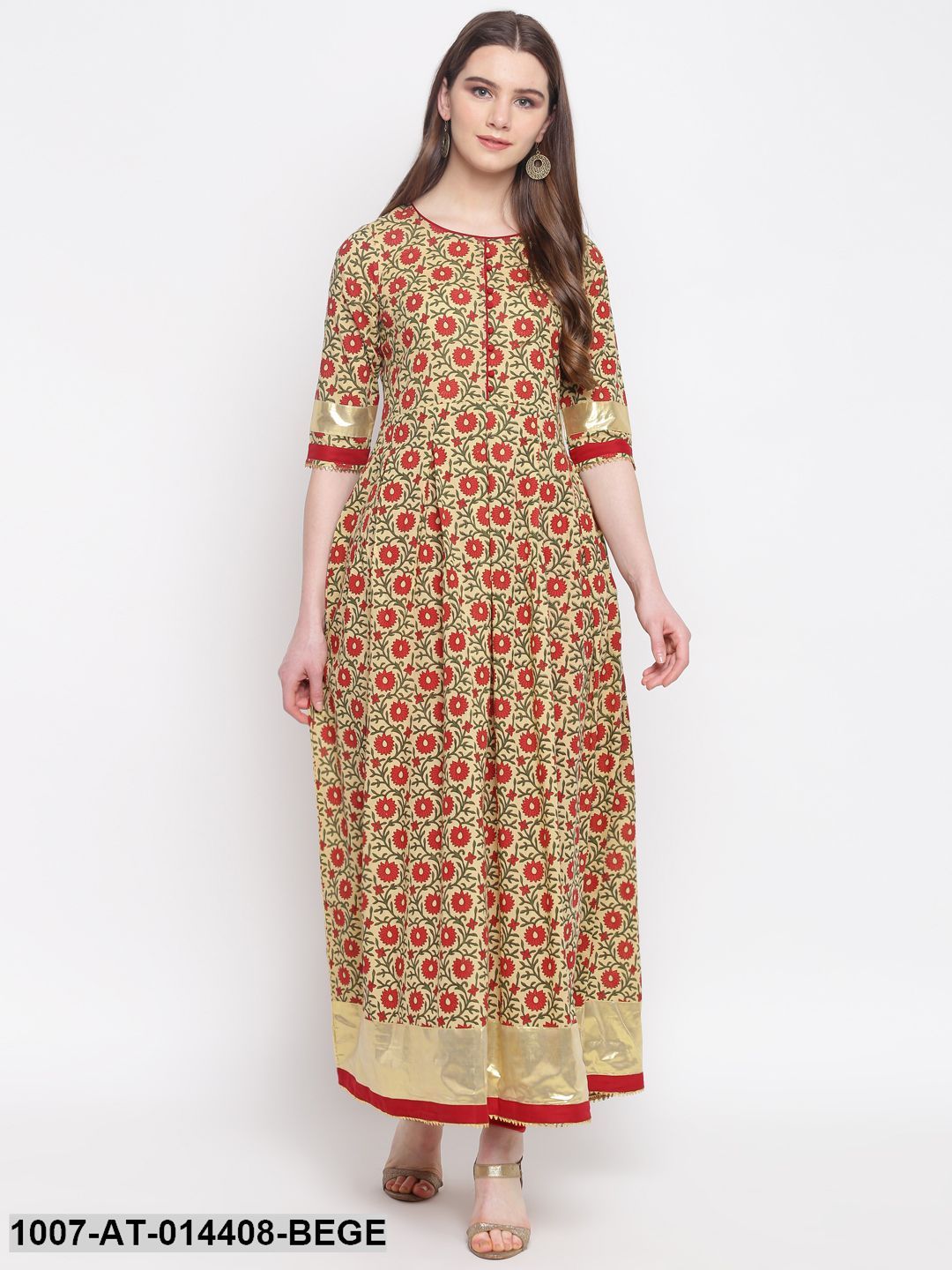 Kalamkari Print Cotton Kurta Dress (Beige)