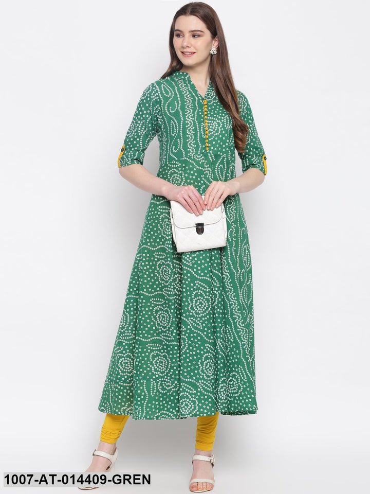 Bandhej Print Cotton Flared Kurta (Green)