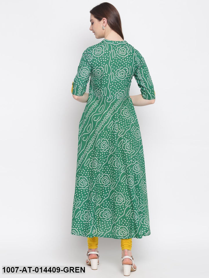 Bandhej Print Cotton Flared Kurta (Green)