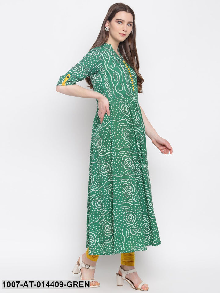 Bandhej Print Cotton Flared Kurta (Green)