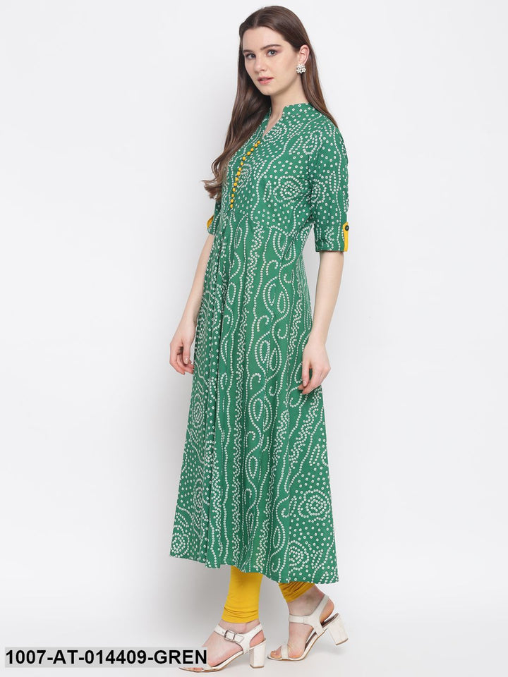 Bandhej Print Cotton Flared Kurta (Green)