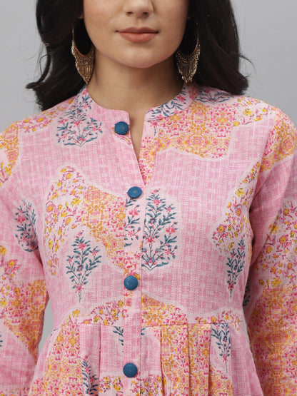 Floral Print Cotton Slub A-Line Kurta (Pink)