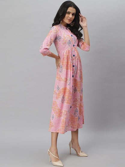 Floral Print Cotton Slub A-Line Kurta (Pink)