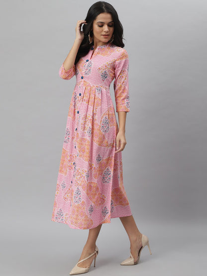 Floral Print Cotton Slub A-Line Kurta (Pink)