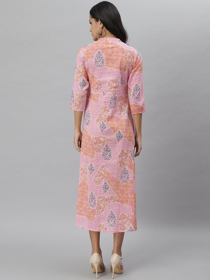 Floral Print Cotton Slub A-Line Kurta (Pink)