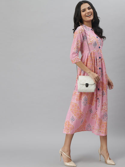 Floral Print Cotton Slub A-Line Kurta (Pink)