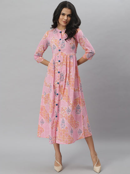 Floral Print Cotton Slub A-Line Kurta (Pink)