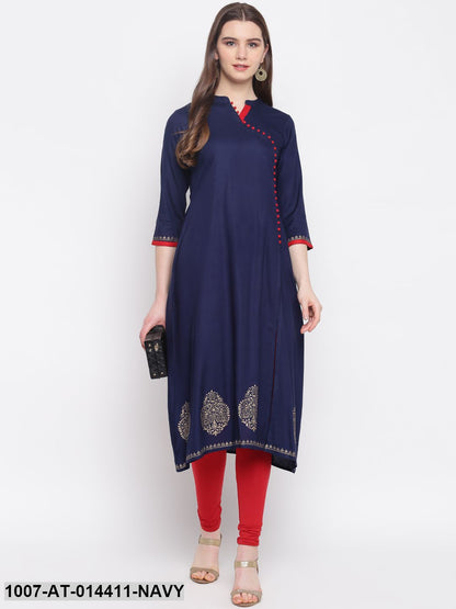Gold Print Rayon Front Silt Kurta (Navy Blue)